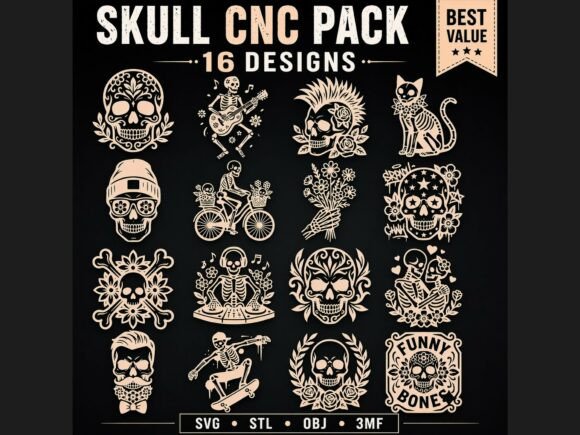 16 Skull Skeleton CNC SVG STL Pack for Graphics and Crafts