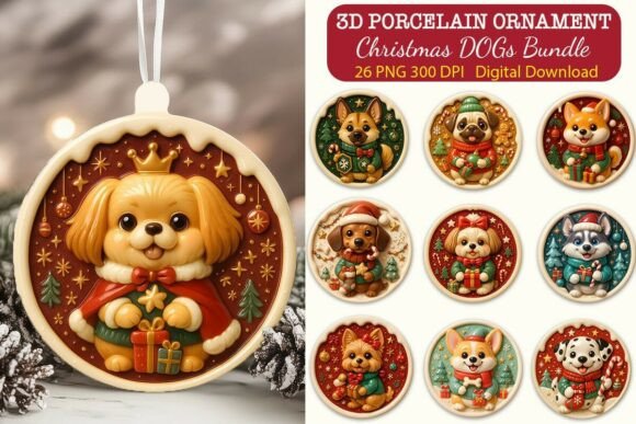 3D Porcelain Effect Xmas Dogs Ornament Bundle