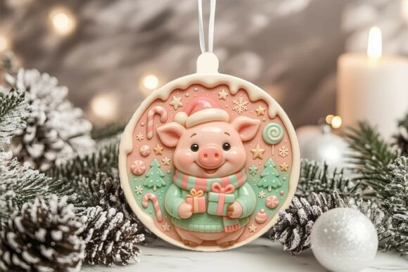 3D Porcelain Pig Christmas Ornament Graphics and Illustrations
