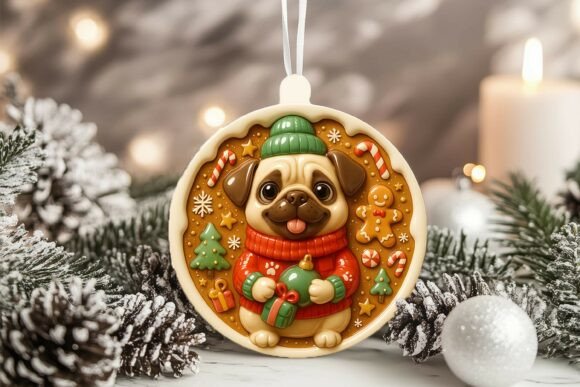 3D Porcelain Pug Dog Xmas Ornament