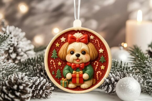 3D Porcelain Shih Tzu Dog Xmas Ornament Graphics and Illustrations