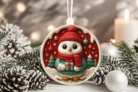 3D Porcelain Snow Owl Christmas Ornament Graphics and Illustrations